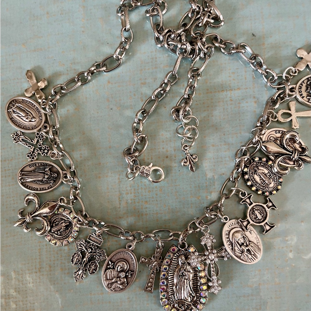 Guadalupe, Saints & Crosses Double Sided Antiqued Silver Tone Festoon Necklace - Picture 7 of 15